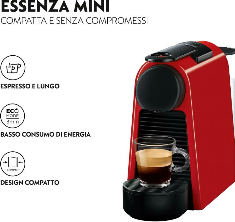 Makinë kafeje kapsulash, DeLonghi, Nespresso Essenza Mini EN85.R, 19 bar, depozitë uji 0.6L, klasa A, e kuqe