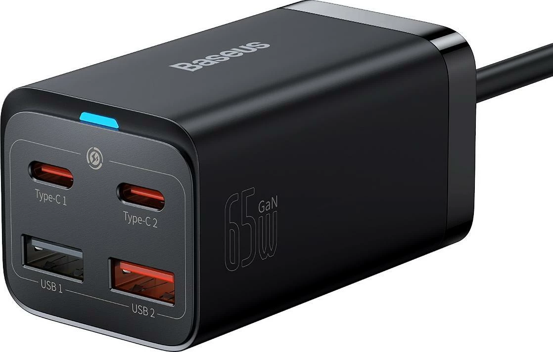 Karikues Baseus GaN3 Pro CCDK65E 65W 2x USB-C 2x USB-A me kabllo USB-C në USB-C 1m, i zi (CCGP040101)