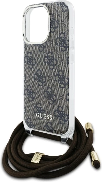 Mbështjellës Guess Crossbody Cord 4G Print për iPhone 16 Pro, Kafe