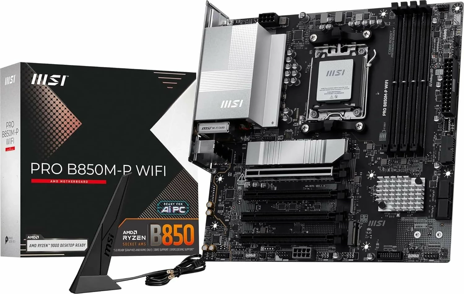 Pllakë amë MSI PRO B850M-P WIFI, Micro ATX, DDR5, WiFi 7, Bluetooth, 5G LAN, PCIe 5.0, e zezë/argjendtë, me antenë WiFi