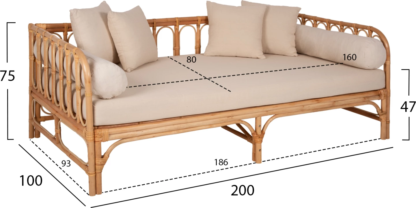 Krevati-divan LIGNANO FH9660 rattan natyral me jastëkë bezhë 200x100x75H cm