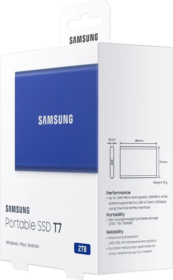 SSD i jashtëm Samsung T7, 2 TB, USB Type-C 3.2 Gen 2, Blu