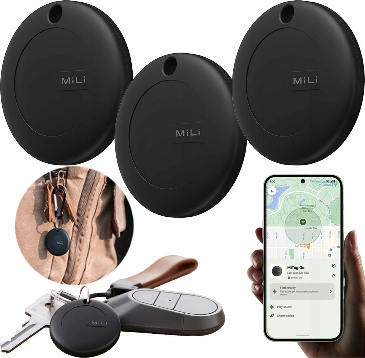 GPS lokator MiLi MiTag MiLi, IPX67, kompatibil me Google "Find My Device", set 3 copë, i zi