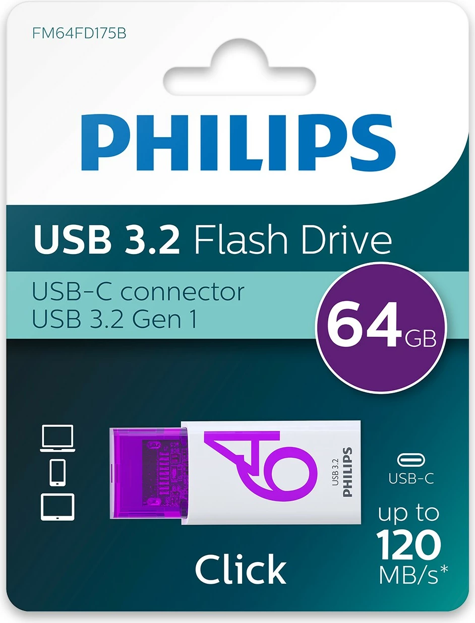 USB stick Philips Click Series Gen 1 64GB USB-C, bardhë/vjollcë
