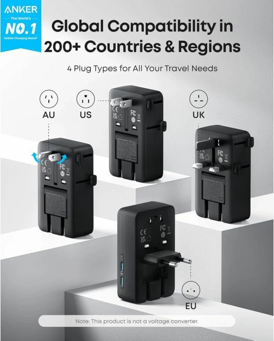 Adapter udhëtimi ANKER Nano A9215H11, 5-në-1, 20W, 2x USB-C + 2x USB-A + prizë AC, i zi
