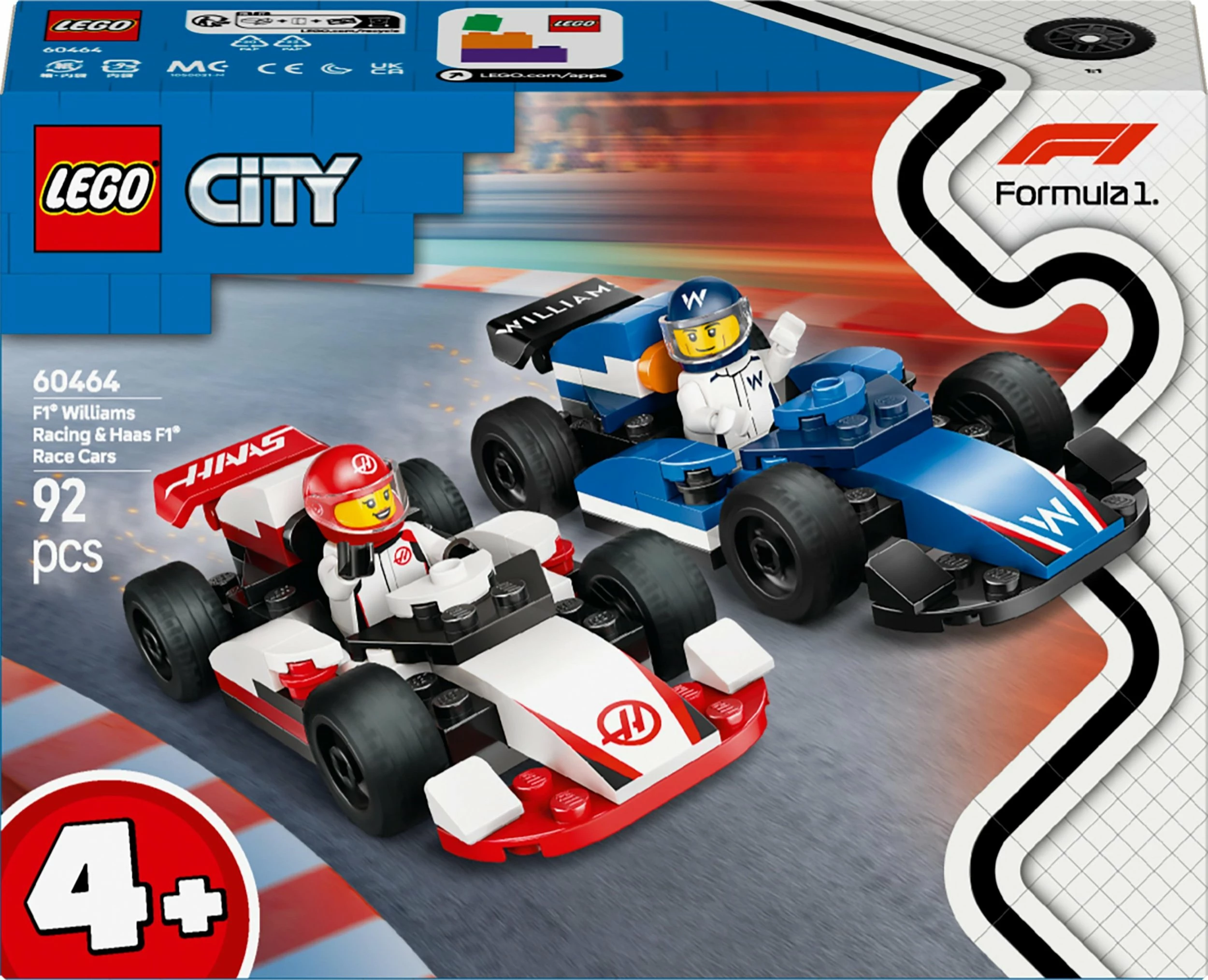 Set LEGO City F1 Car Williams Racing dhe Haas F1 60464, 92 copë, 4+, 2 makina + 2 minifigura