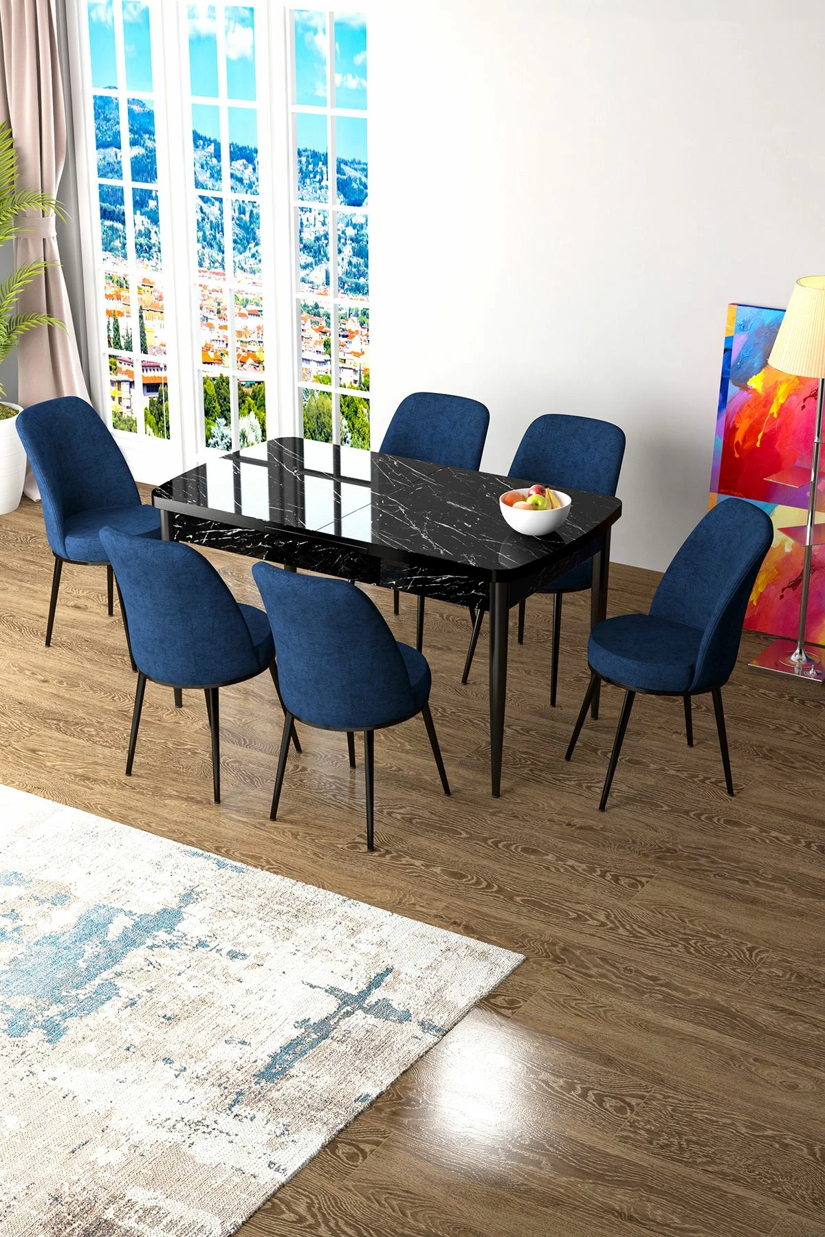 Tavolinë me karrige, zgjatshme, 7 copë, Skye Decor, ngjyrë mermeri të zi dhe blu e errët