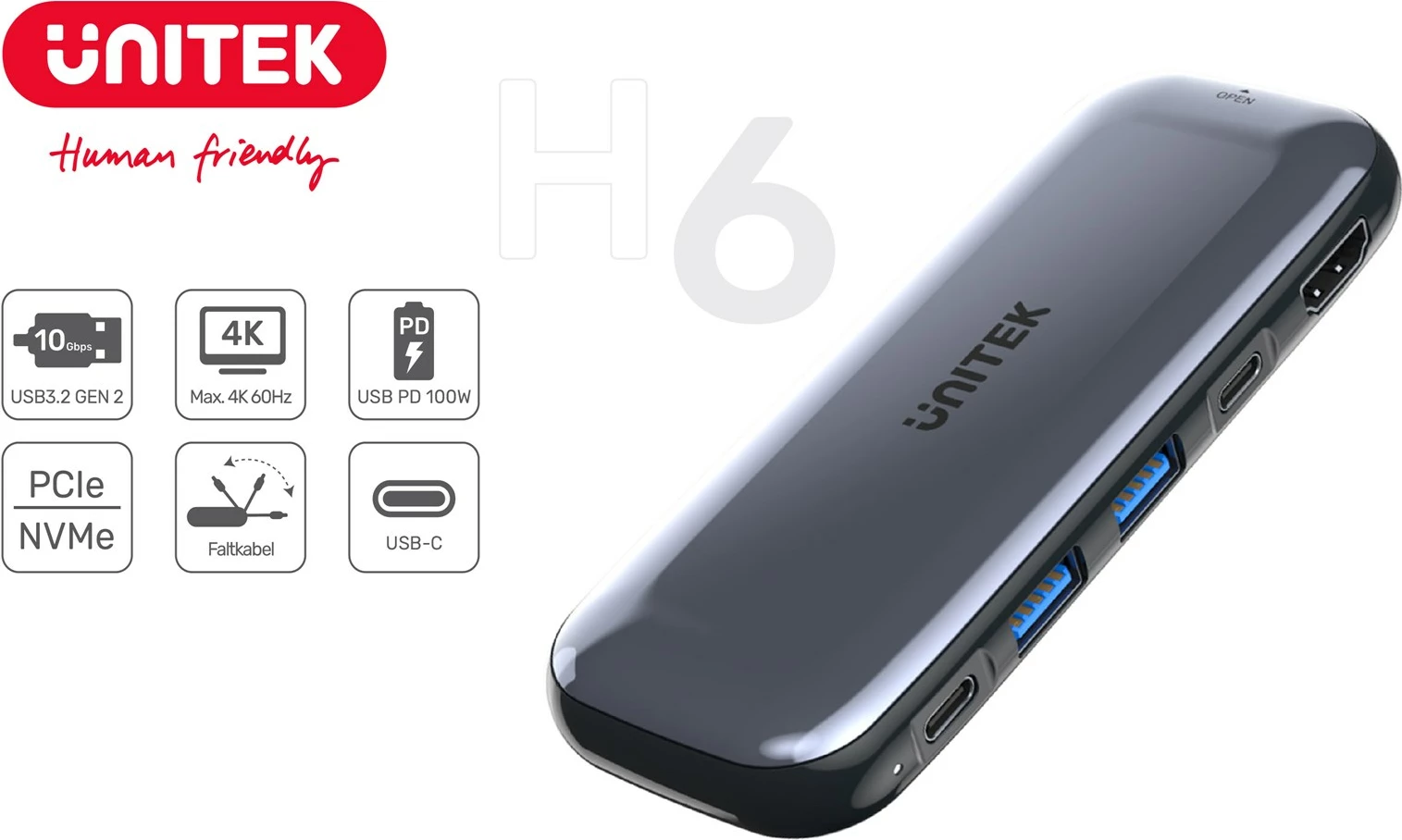 HUB USB-C UNITEK me ruajtje M.2, HDMI, USB-C PD 100W, D1046A, Gri