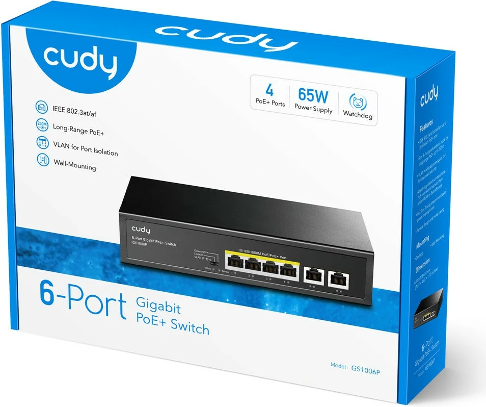 Switch Cudy GS1006P PoE+ 6 porta Gigabit (4 PoE + 2 uplink), PSU 65W, rack