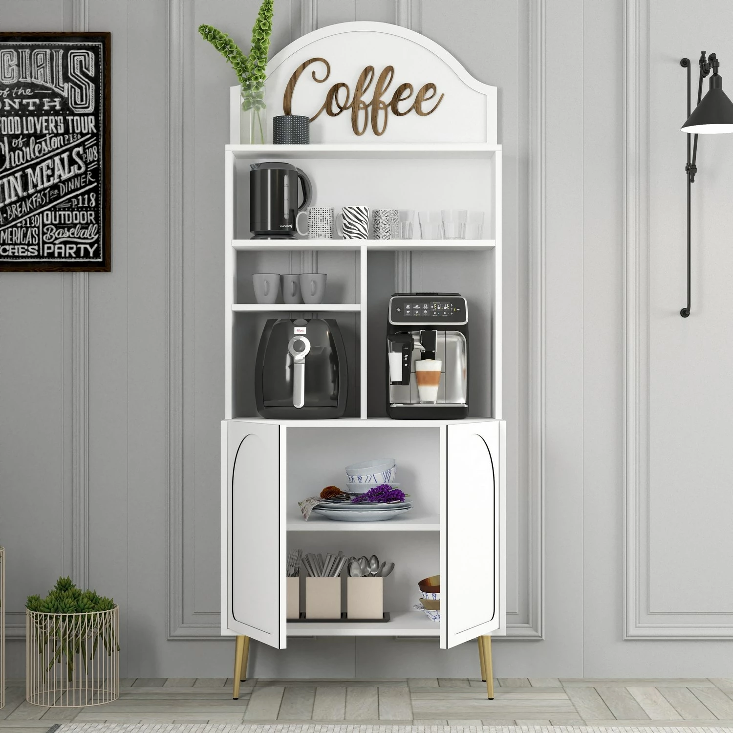 Dollap për kafe, Skye Decor, Lyon 80, i bardhë, i artë