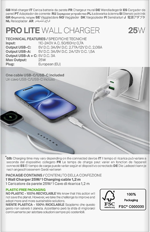 Karikues muri Puro PROLITE 25W me USB-A/USB-C + kabllo USB-C në USB-C 1.2m, Bardhë