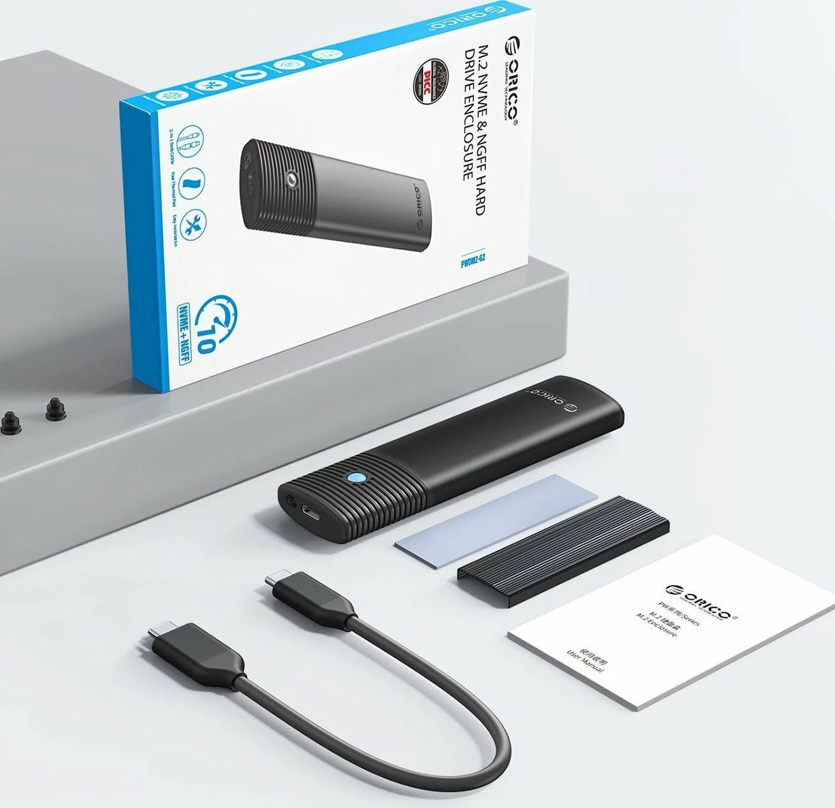 Kuti eksternale për SSD M.2 NVMe, Orico PWM2-G2-BK-EP, USB-C 3.2 Gen 2 10Gbps, deri 4TB, alumin, e zezë