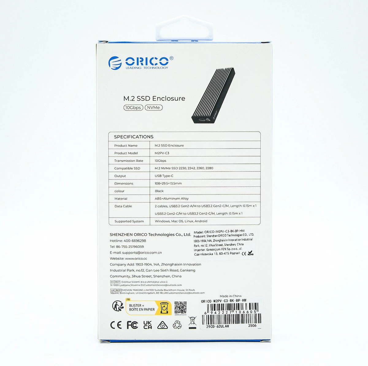 Kasë eksternë për SSD M.2 NVMe Orico M2PV-C3-BK-BP-HW, USB-C 3.2 Gen 2 10Gbps, deri 2TB, me 2 kabllo, e zezë