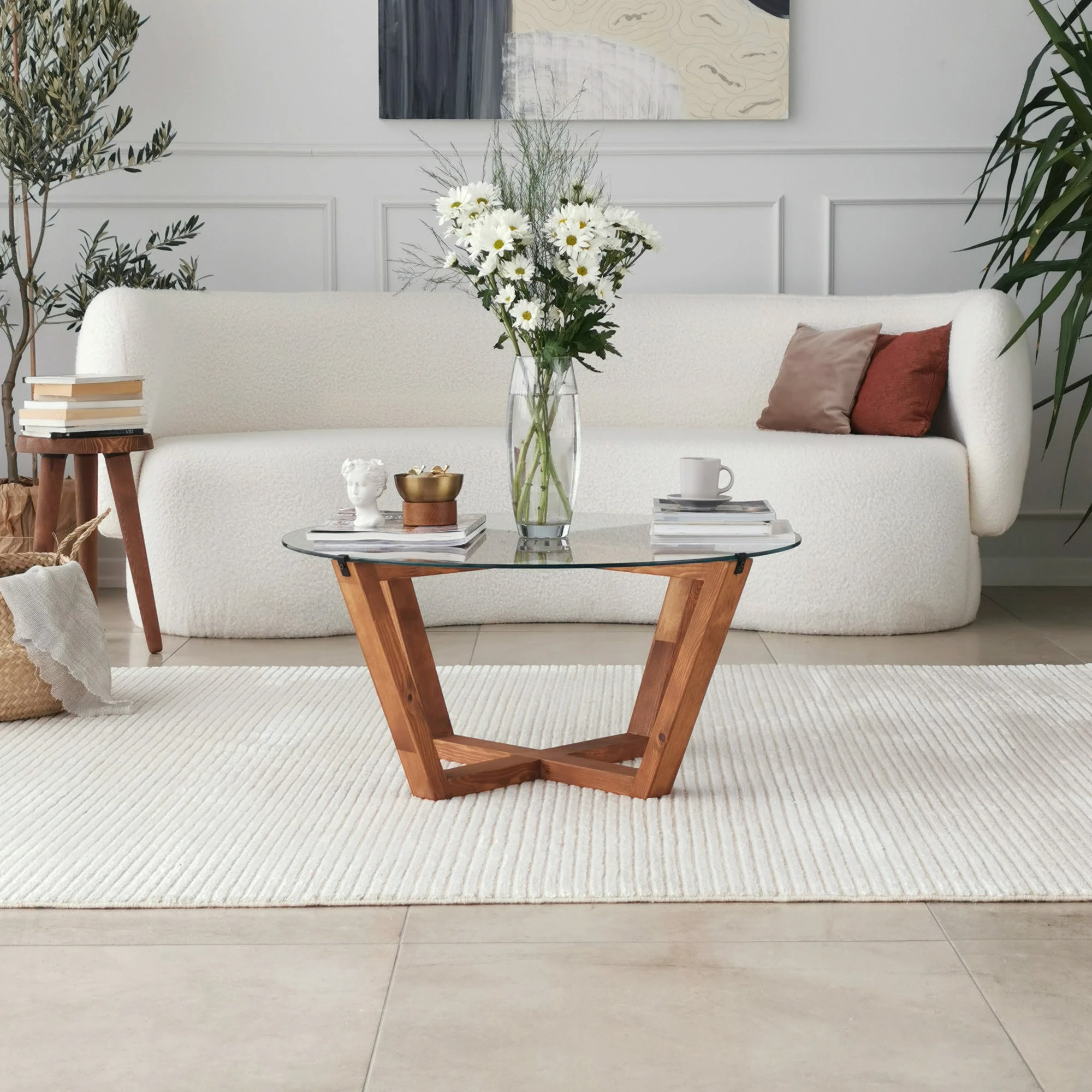 Tavolinë kafeje Hanah Home, Lotus, ngjyrë druri, xham i temperuar, 75x35x75cm