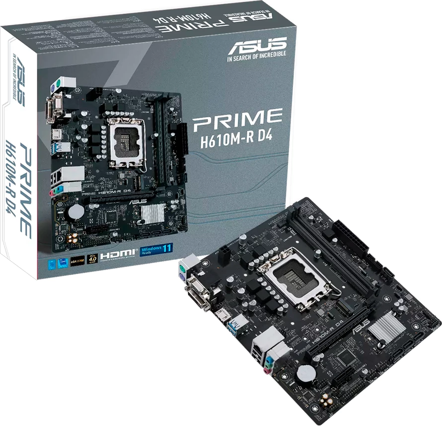 Pllakë amë ASUS PRIME H610M-R D4-SI, LGA1700, mATX, DDR4 (2x DIMM), 1x M.2, 4x SATA, HDMI/DVI-D/D-Sub, 1GbE