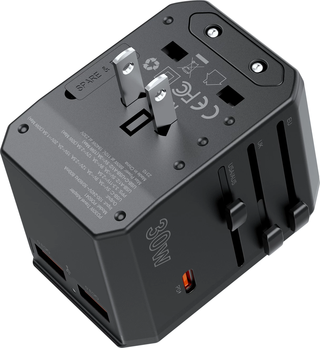 Karikues udhëtimi Choetech PD6041, 30W, 3 porta USB-C/USB-A, 4 priza ndërkombëtare, Zi