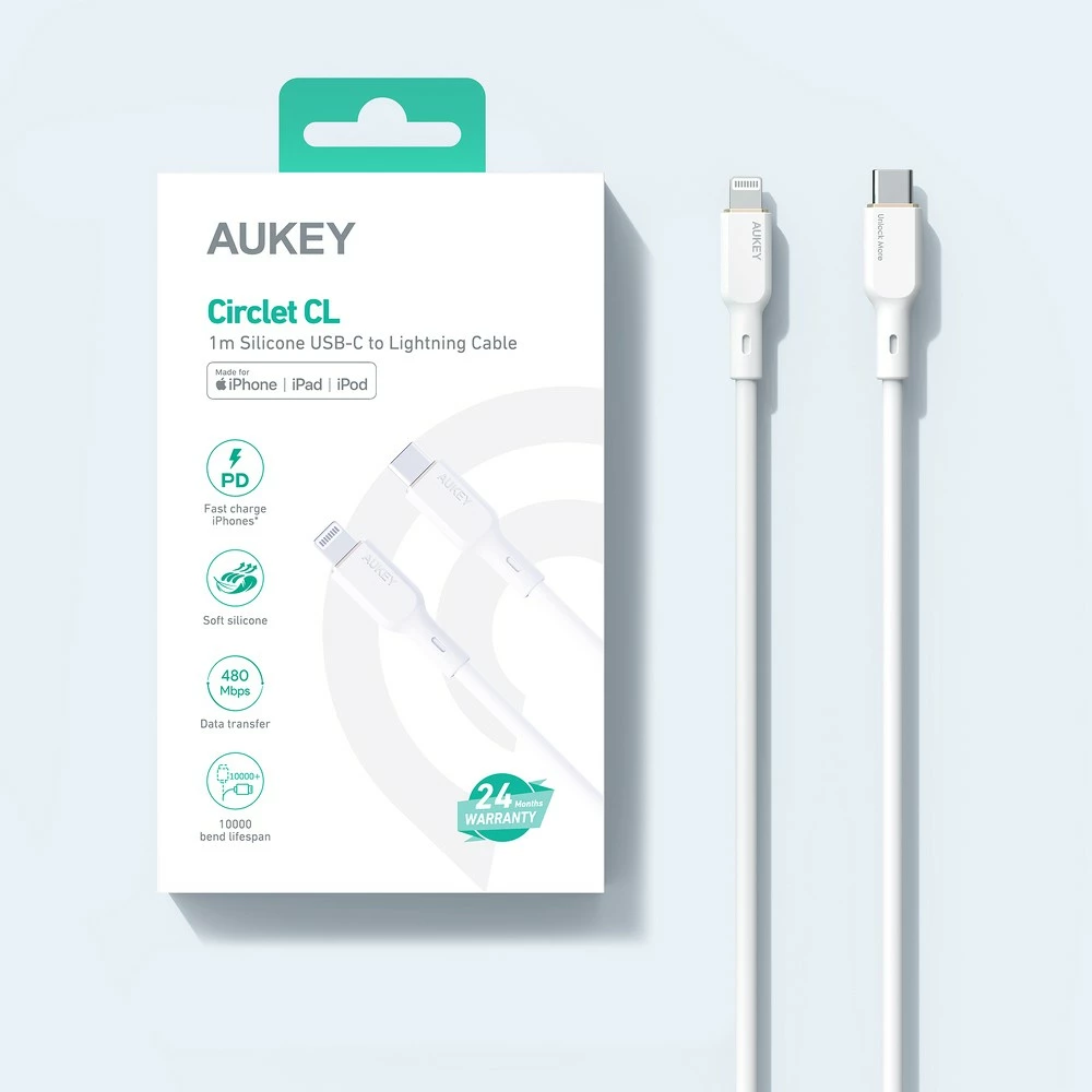 Kabllo AUKEY CB-SCL2, 1.8m, USB-C në Lightning, silikon, e bardhë