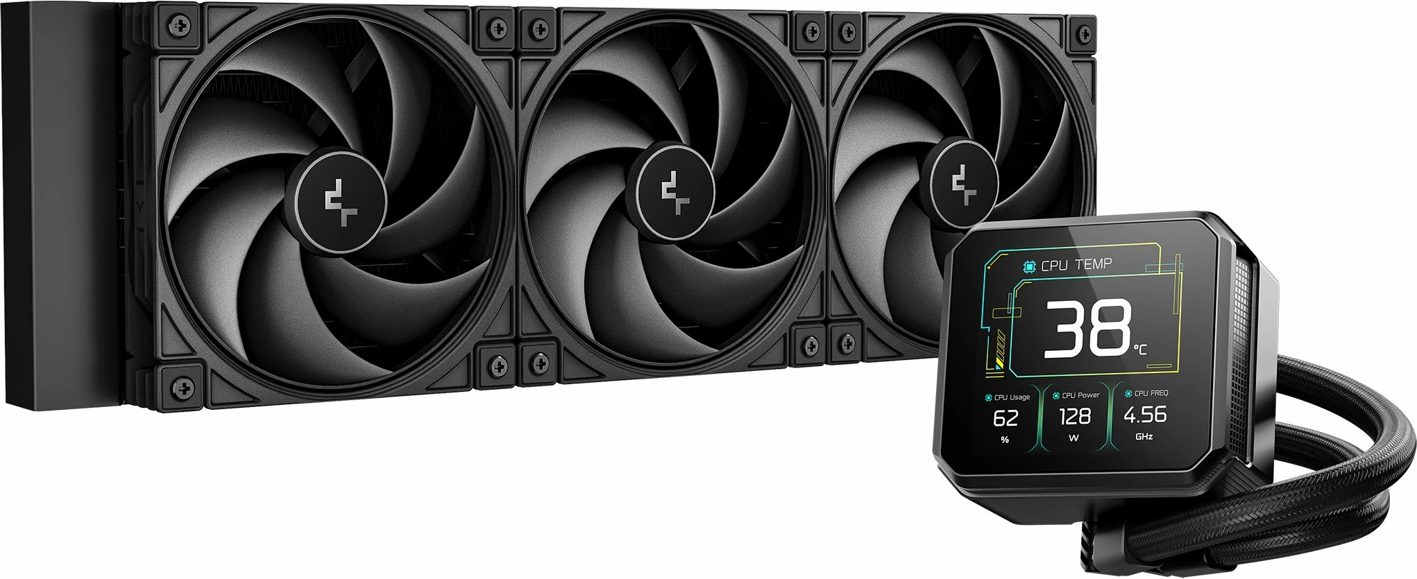 Ftohës uji AIO Deepcool Spartacus 360 LCD (R-SPT360-BKDSMP-G-1), radiator 360mm, 3x120mm PWM, AM4/AM5, LGA1700/1851, e zezë, set
