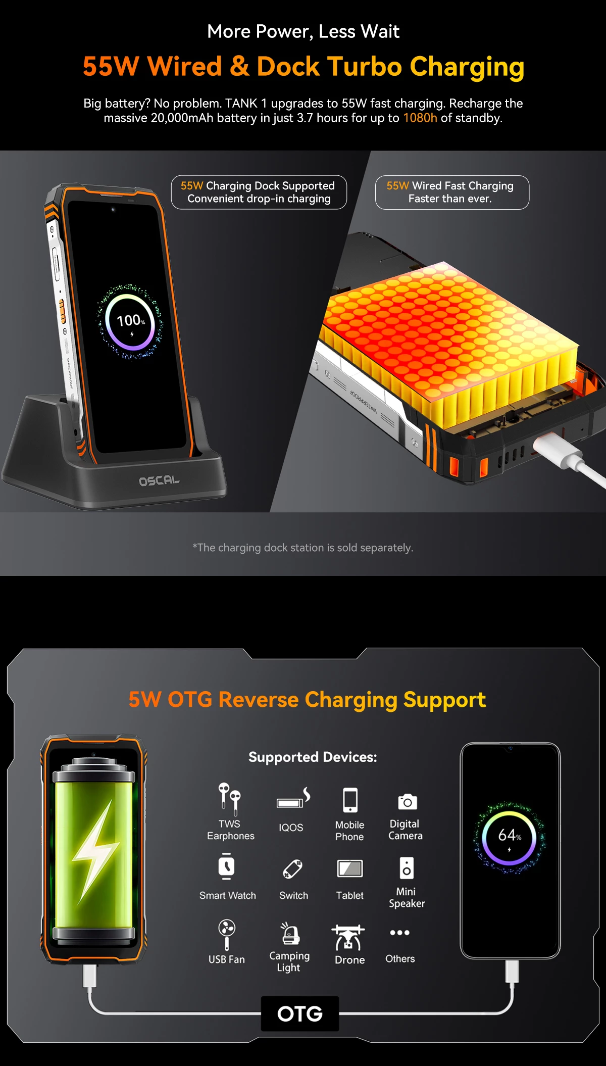 Celular rugged Oscal Tank 1 16GB RAM + 512GB 5G 20000mAh, i zi