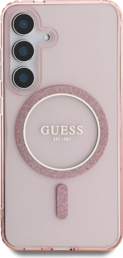 Mbështjellës Guess Glitter Circle Classic Logo MagSafe për Samsung Galaxy S25, Rozë