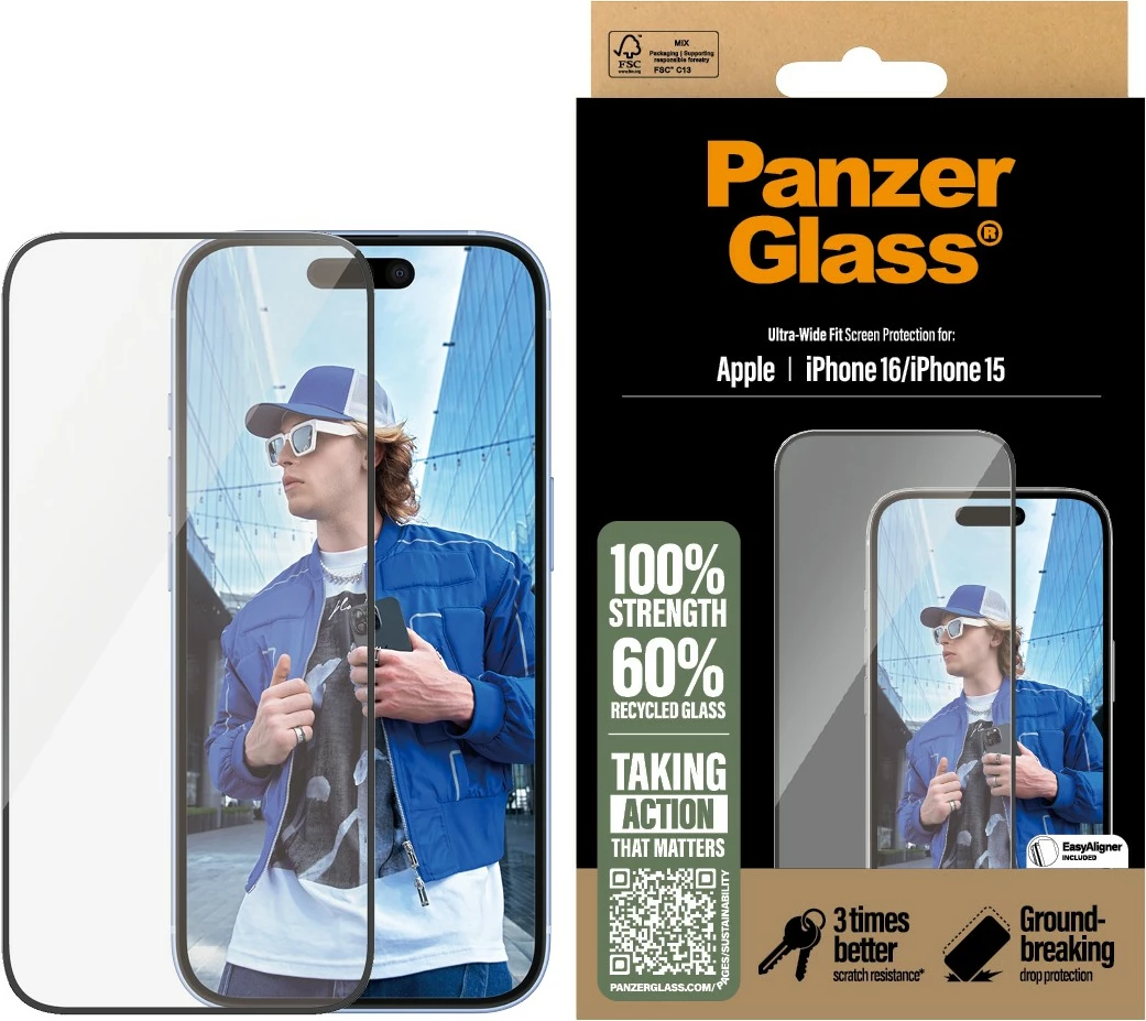 Mbrojtës ekrani PanzerGlass për iPhone 16/15, transparent