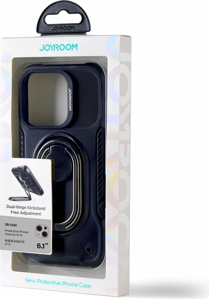 Mbështjellës Joyroom Dual Hinge për iPhone 14, me mbajtëse dhe ring holder, zi