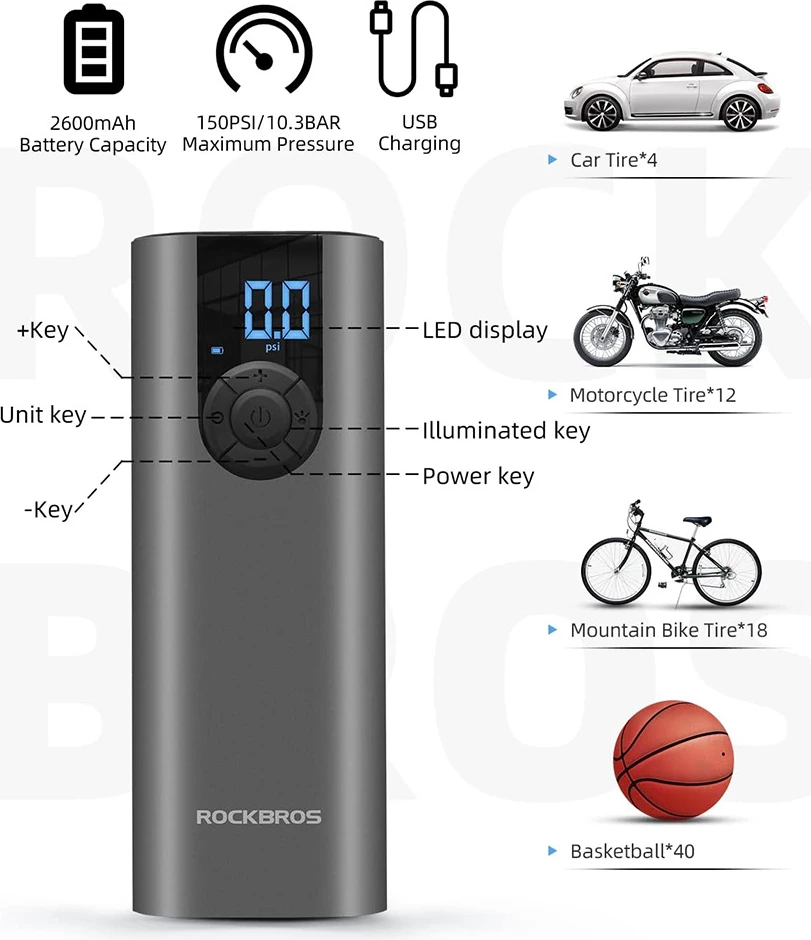 Pompë elektrike për biçikletë Rockbros 42720001001 me ekran LED, 5200 mAh, USB-C, e zezë, set me adapterë