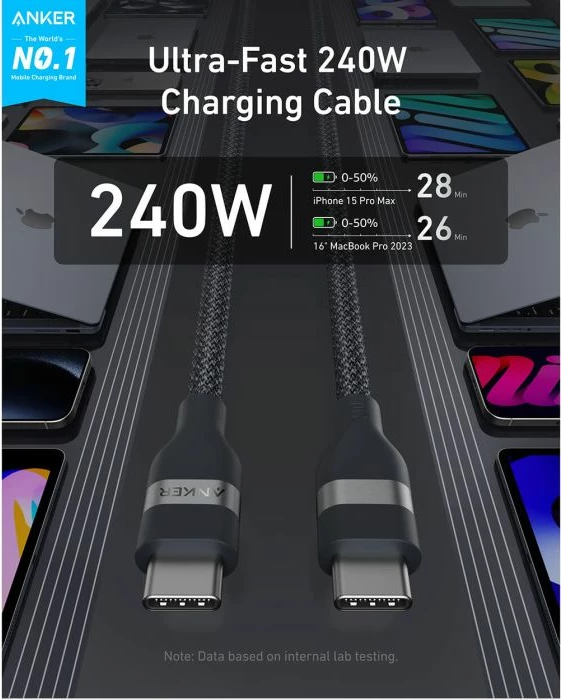 Kabllo USB-C në USB-C Anker A82E2H12 240W 1.8m, e zezë