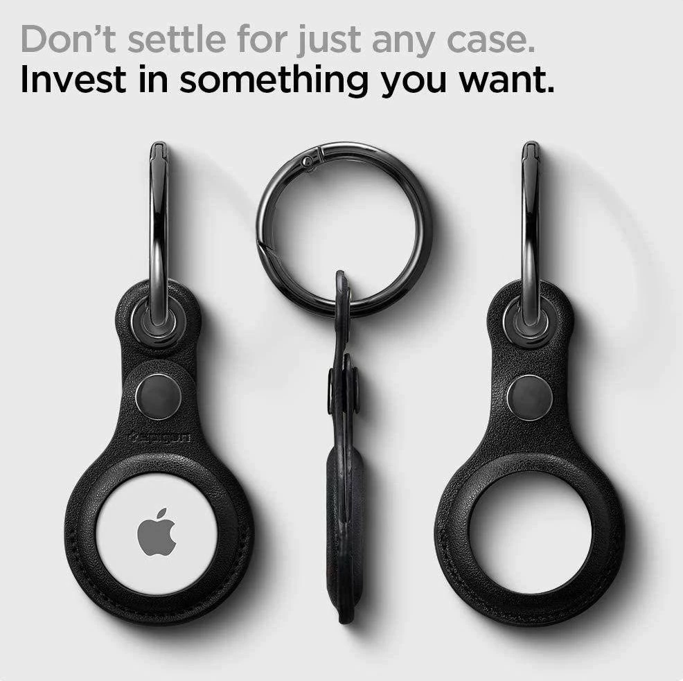 Mbështjellës me zinxhir për Apple AirTag Spigen Valentinus, lëkurë me karabinë çelik, zi, 1 copë