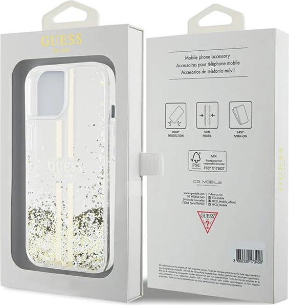 Mbështjellës Guess Liquid Glitter Gold Stripes për iPhone 15 Plus / 14 Plus, Transparent