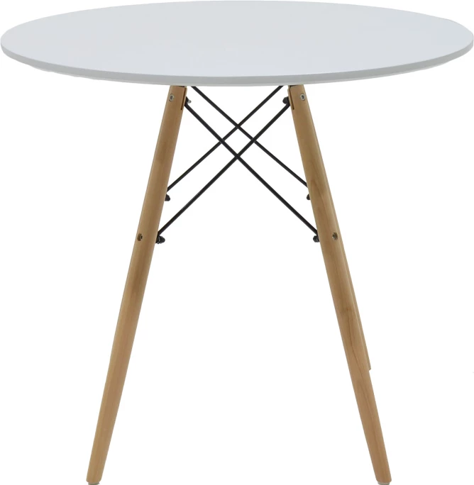 Tavolinë me karrige Julita-Parker, set 5 copë, MDF e bardhë, këmbë natyrale, D80x73cm