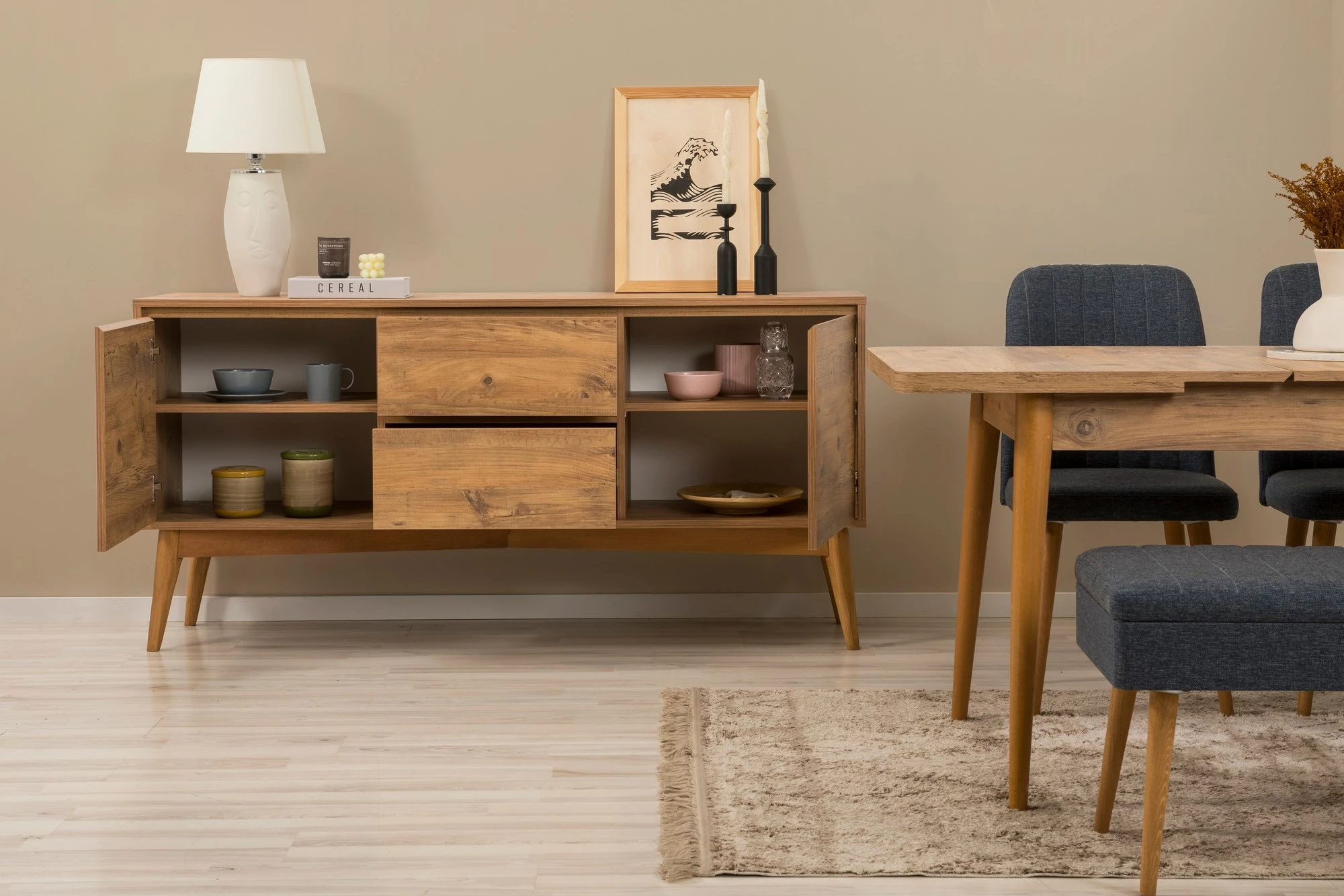 Set tavoline me karrige dhe konsol, zgjatues, 7 pjesë, Skye Decor, Vina 03 1048, ngjyrë pishë atlantike, blu e errët