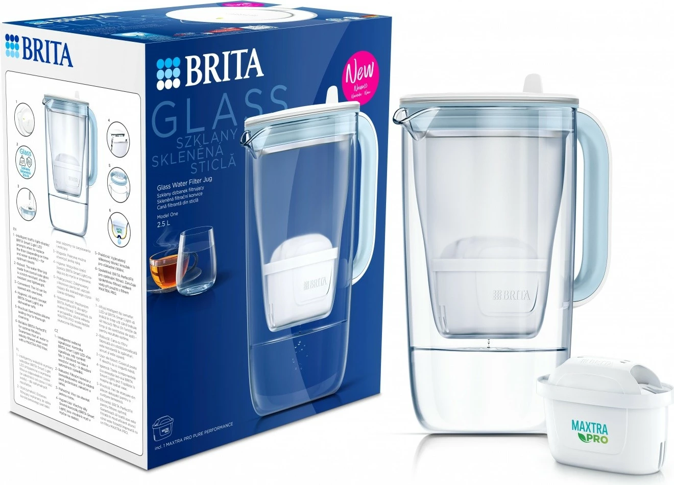 Ibrik filtruese uji BRITA Glass, 2.5L, MAXTRA PRO Pure Performance, Blu