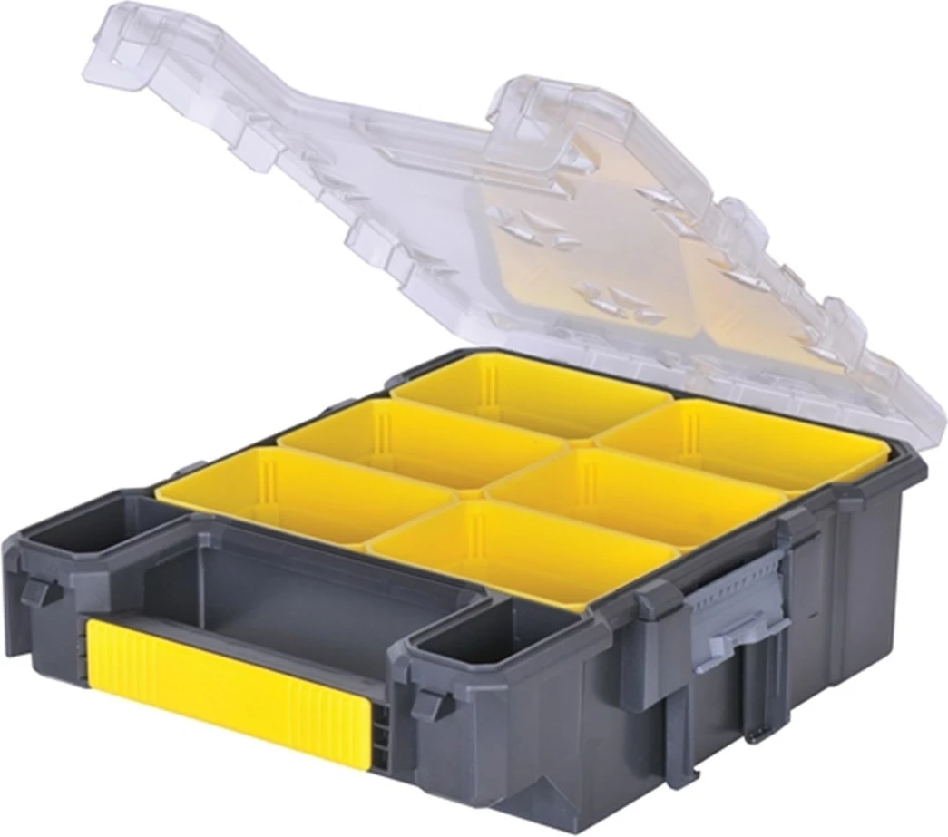 Organizator veglash Stanley Fatmax FMST1-72378 i vogël, 6 kuti të heqshme, kapak transparent i papërshkueshëm nga uji, i lidhshëm/stackable, zi/verdhe