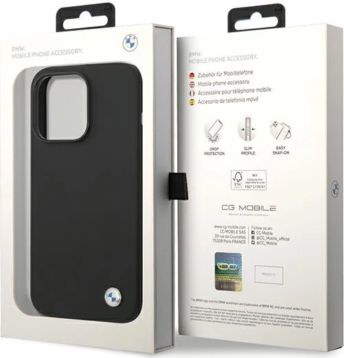 Mbështjellës BMW Silicone Metal Logo për iPhone 15 Pro, i zi