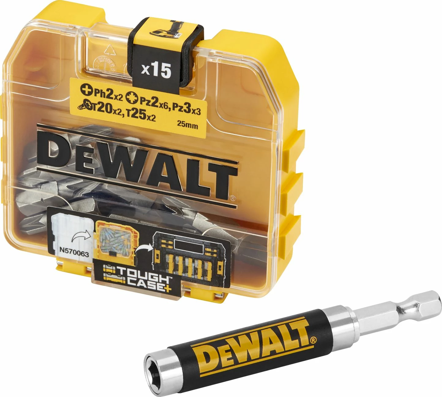 Set bitash Dewalt DT71511, 15 copë + mbajtës magnetik 1/4" (6.35 mm)