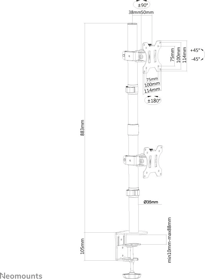 Krah monitori Newstar Neomounts FPMA-D550DVBLACK, për 2 ekrane, montim vertikal, rregullim lartësie, ngjyrë e zezë