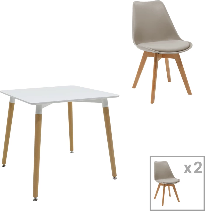 Tavolinë me karrige Natali-Gaston set prej 3 copash MDF dhe dru ahu, ngjyrë gri-bardhë-natyrale 80x80x76cm