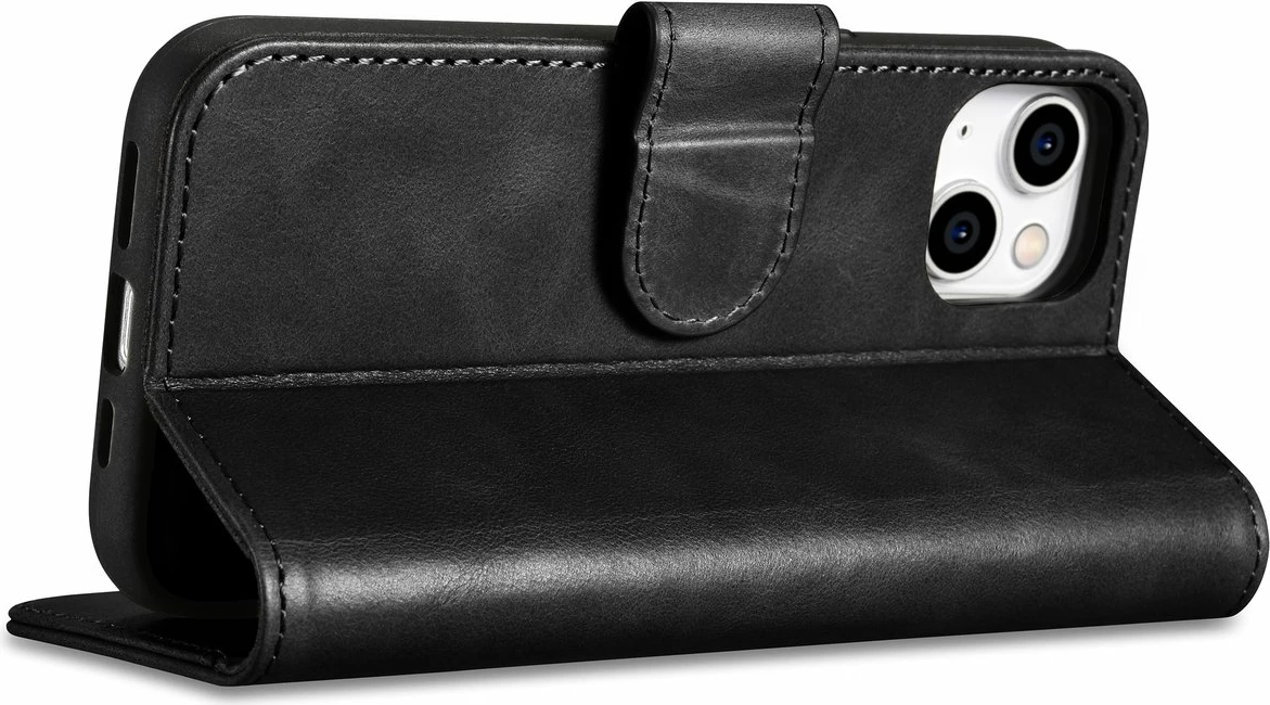 Mbështjellës iCarer Oil Wax Wallet 2in1 për iPhone 14 Plus, lëkurë natyrale, Anti-RFID, i zi