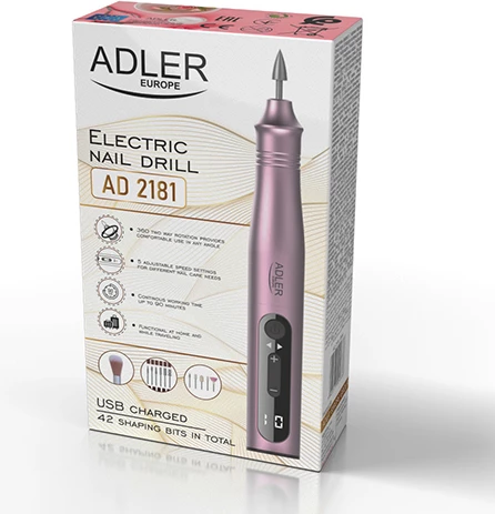 Freze elektrike për thonj, Adler, AD 2181, deri 13500 RPM, 5 shpejtësi, rikarikues USB-C me LED, set 11-në-1, rozë
