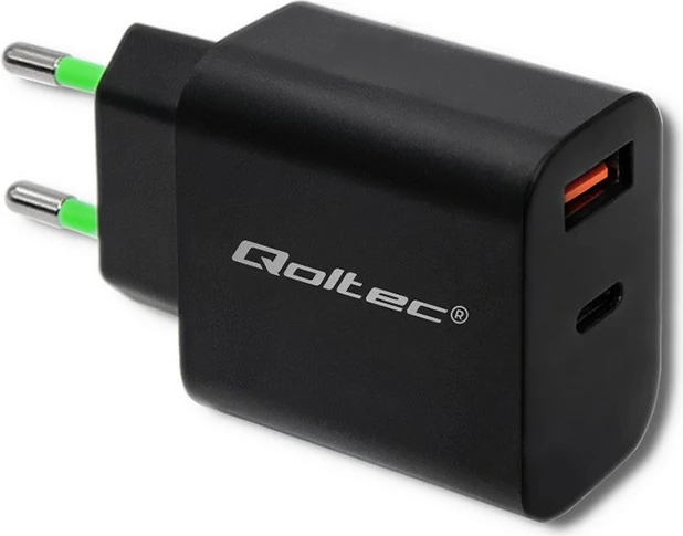 Karikues rrjeti Qoltec 51713, 18W, USB Type C PD, USB QC 3.0, i zi