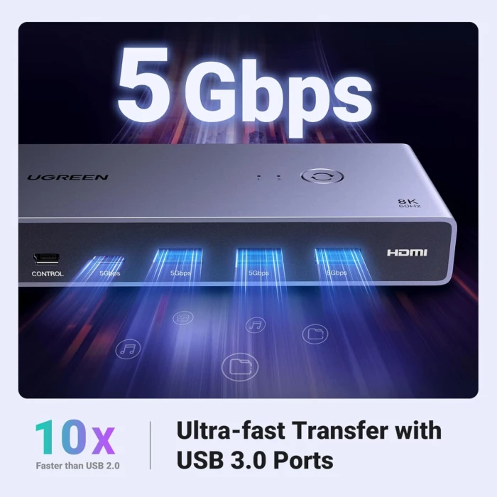 Switch KVM HDMI UGREEN 25961 8K@60Hz HDMI 2.1, 4x USB 3.0 (3x USB-A + 1x USB-C), 2 kompjutera/1 monitor, gri, set me kabllo dhe kontrollues