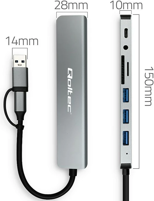 HUB/Adapter 8-në-1 Qoltec 53794, USB-C/USB, 4xUSB, SD/TF, 3.5mm, grafit