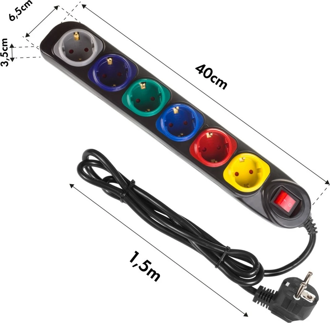 Listë zgjatues Maclean MCE509 B, 6 prizë, 1.5m, me çelës, e zezë