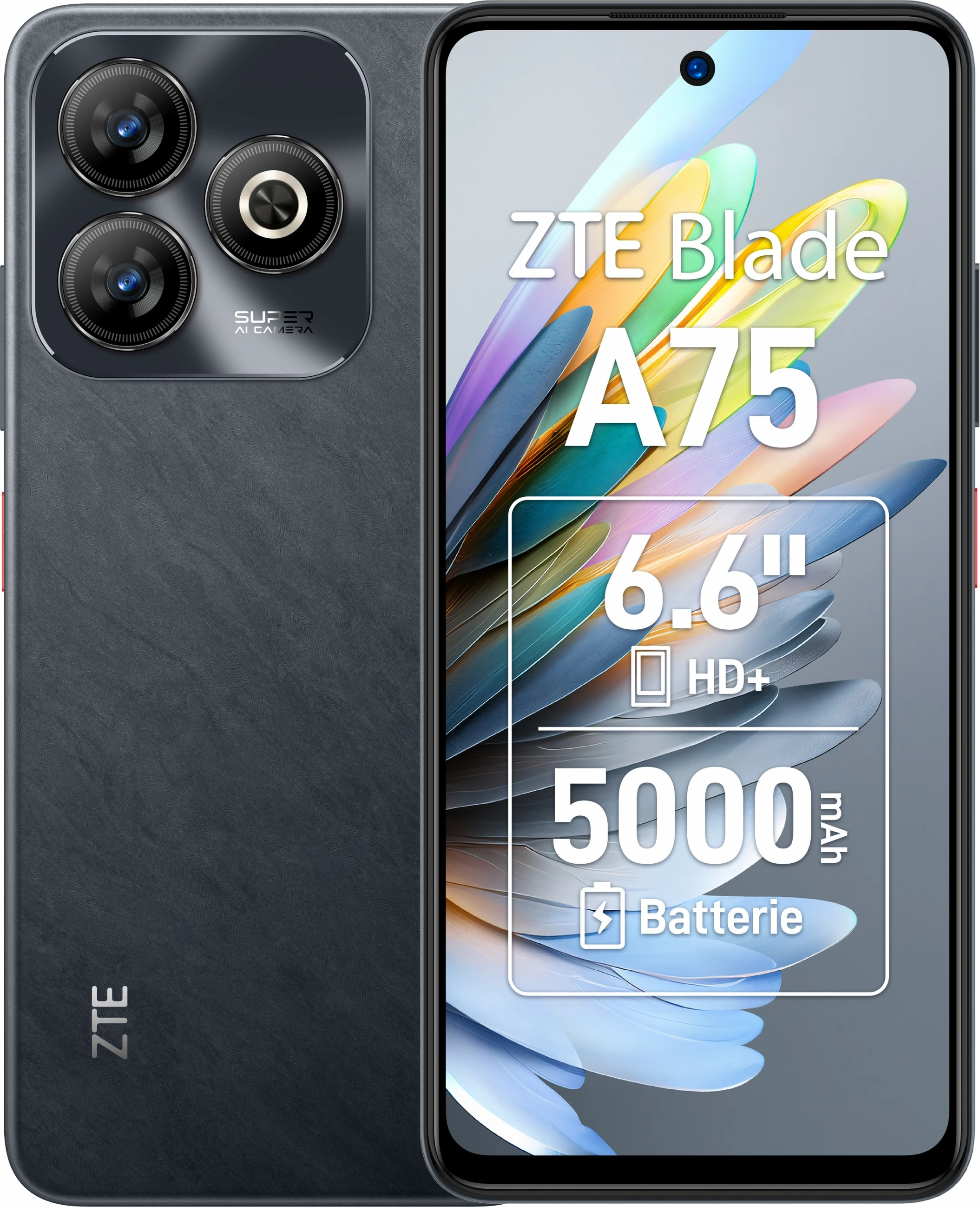 Celular ZTE Blade A75, 128GB, 4GB RAM, 6.6 inç, 5000mAh, e zezë
