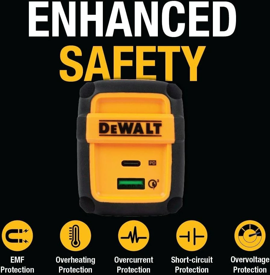 Karikues rrjeti DeWalt DXMA131-0873-DWG 49.5W, 1x USB-A + 1x USB-C, i verdhë