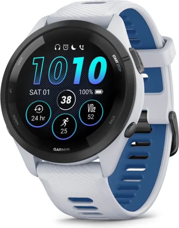 Smartwatch Garmin Forerunner® 265 Black Bezel, Stone White Case, Stone White/Tide Blue Silicone Strap, 46 mm