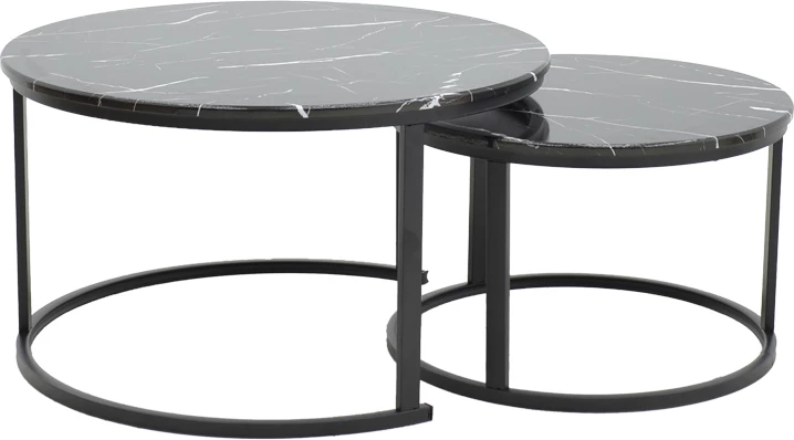 Set tavolinash kafeje Revelon, pamje mermeri të zi, këmbë të zeza, 80x80x45cm, set prej 2 copësh