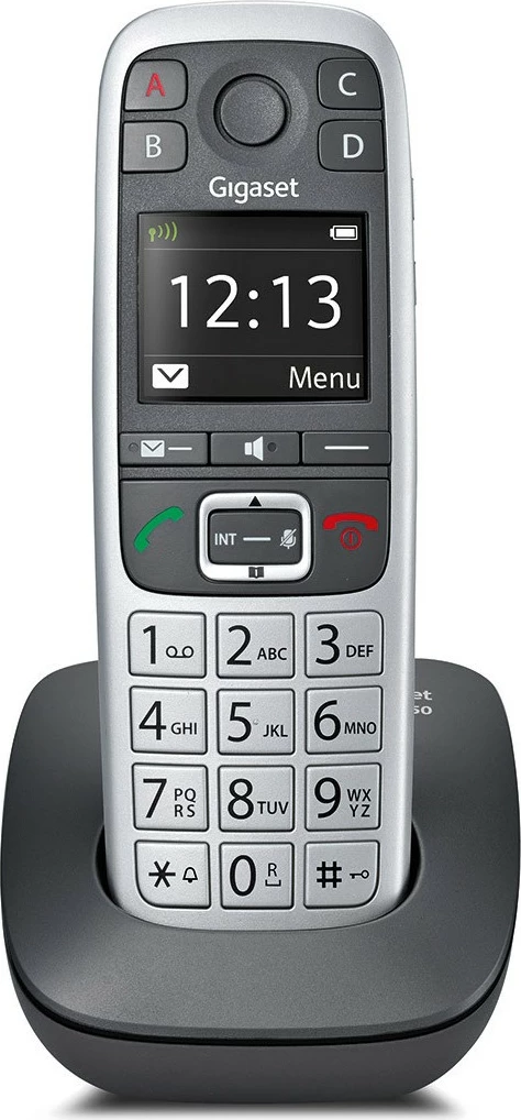 Telefon pa tela Gigaset E560, analog/DECT, 150 kontakte, regjistrues, zi/argjendtë