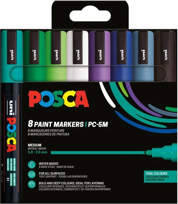 Marker akrilik Posca PC-5M, maje 2.5 mm, 8 copë, Cold Colors, multingjyrësh